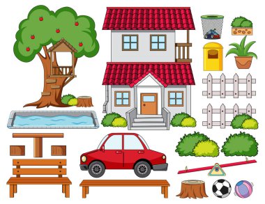 Açık hava dekorasyonlu bir ev izole edilmiş bir illüstrasyon seti