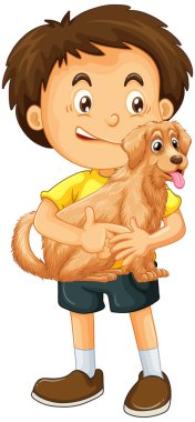 Mutlu çocuk çizgi film karakteri sevimli bir köpek resmine sarılıyor.