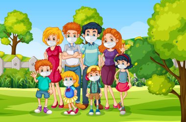 Coronavirus illüstrasyonunu önlemek için maske takan aile ile açık hava sahnesi