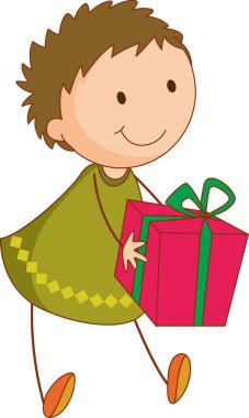 Elinde hediye kutusu olan bir karalama çocuğu. Çizgi film karakteri izole edilmiş.