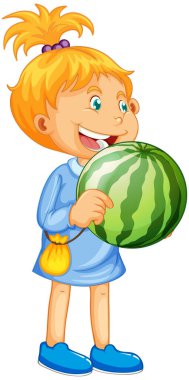 Beyaz arkaplanda izole edilmiş karpuz meyveli çizgi film karakteri tutan bir kız.