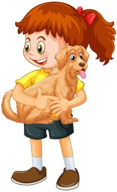 Beyaz arkaplanda izole edilmiş şirin bir köpek çizgi film karakteri tutan bir kız.