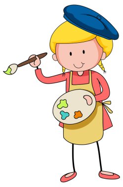 Renk paleti taşıyan küçük sanatçı karikatür karakteri izole edilmiş.