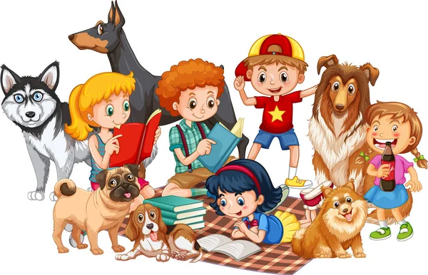 Grupp Barn Med Sina Hundar Vit Bakgrund Illustration — Stock vektor