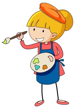 Renk paleti taşıyan küçük sanatçı karikatür karakteri izole edilmiş.