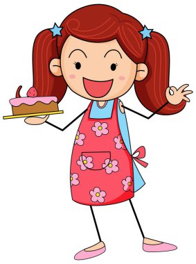 Tatlı kız elinde pasta karikatürü çizgi film karakteri izole edilmiş.