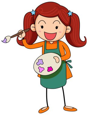 Renk paleti taşıyan küçük sanatçı karikatür karakteri izole edilmiş.