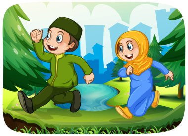 Müslüman kız ve erkek kardeş çizgi film karakteri çizimi