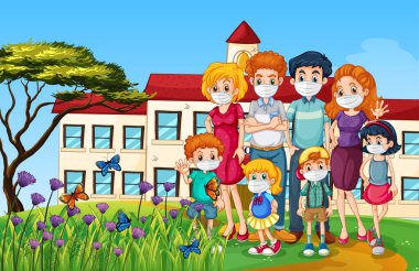 Coronavirus illüstrasyonunu önlemek için maske takan aile ile açık hava sahnesi