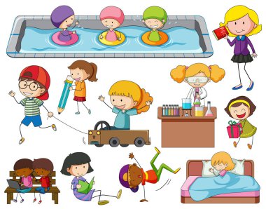 Farklı karalama çocukları çizgi film karakteri çizimleri