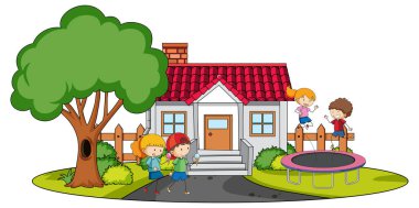 Beyaz arkaplan resimlerinde birçok çocuk olan mini evin ön görüntüsü