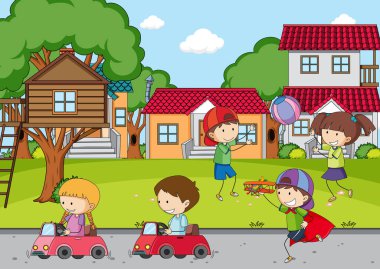 Birçok çocuğun resimli olduğu oyun alanı sahnesi