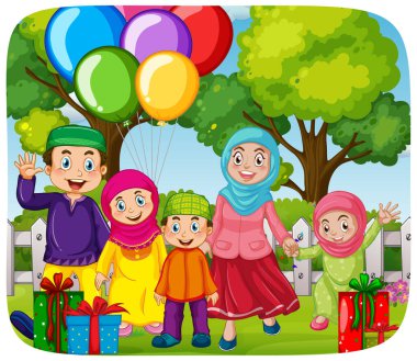 Şirin Müslüman aile parti illüstrasyonunu kutluyor.