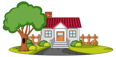 Beyaz arkaplan illüstrasyonunda doğa unsurları olan bir evin ön görünümü