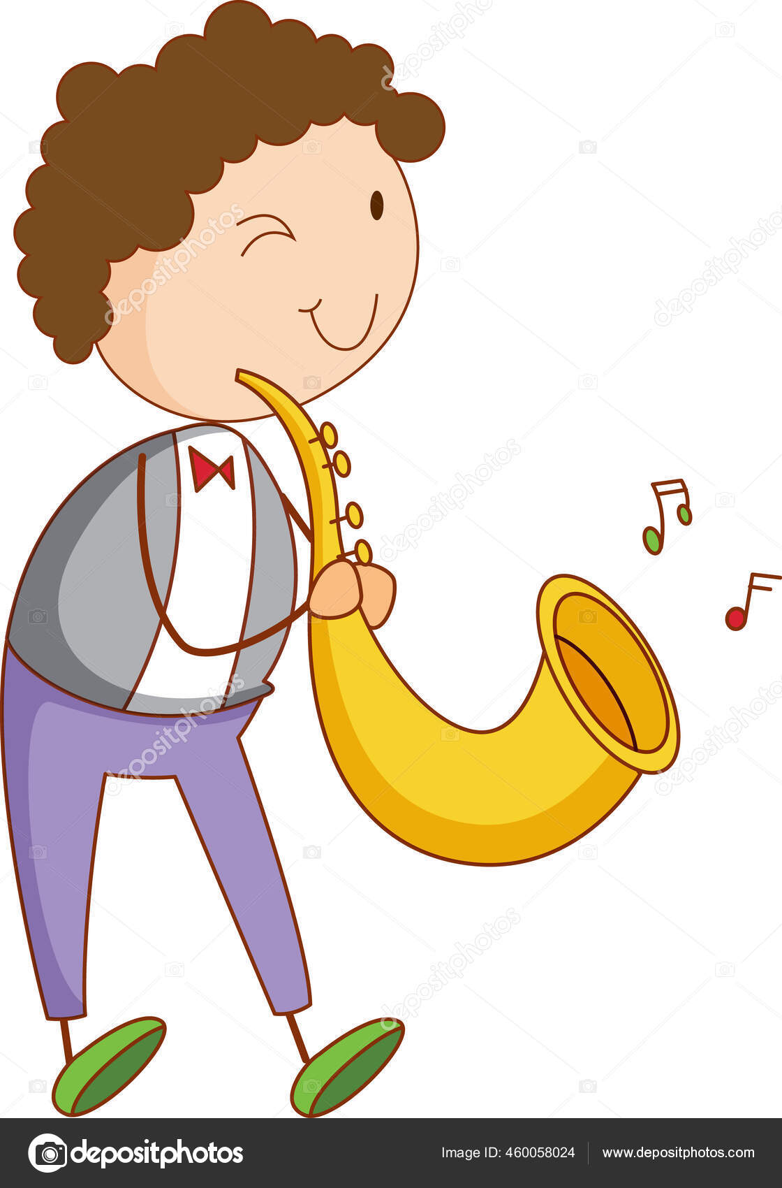 Doodle Kid Playing Saxophone Cartoon Character Isolated Illustration