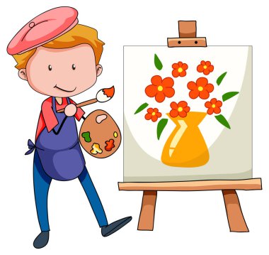 Çizgi film karakterini çizen küçük sanatçı yalnız bir illüstrasyon çizdi