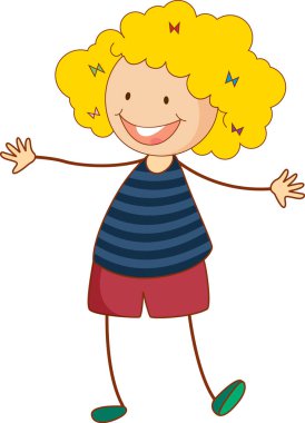 Sevimli kız çizgi film karakteri karalama stili izole edilmiş.