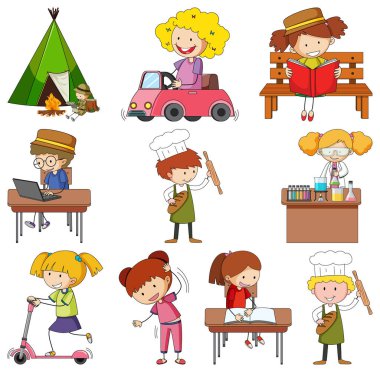 Farklı karalama çocukları çizgi film karakteri çizimleri