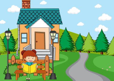 Yedek kulübesinde oturmuş kitap okuyan bir kızla ön ev sahnesi.