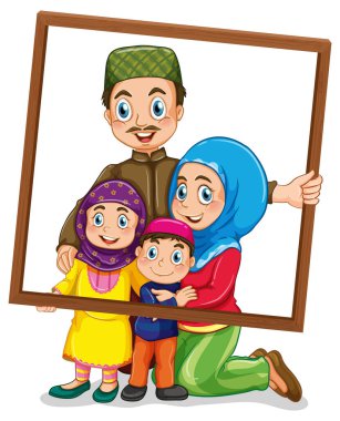 Fotoğraf çerçevesi çizimi tutan mutlu aile üyesi