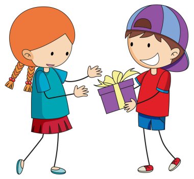 Çocuk, elinde çizilmiş güzel bir çizgi film karakterine hediye veriyor. Karalama stili izole edilmiş.