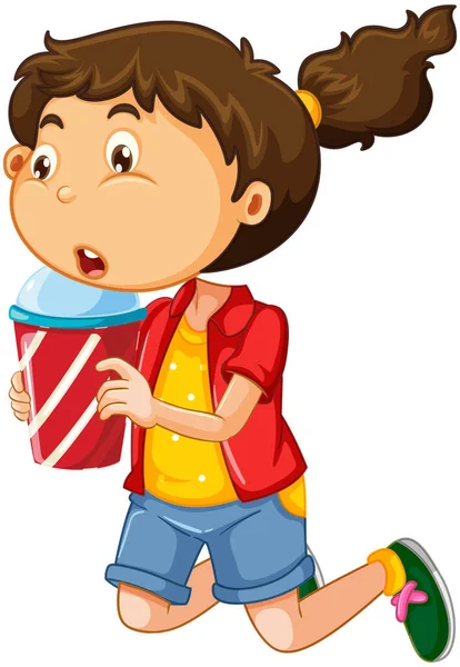 Glückliches Mädchen Cartoon Figur Mit Einem Getränk Plastikbecher Illustration — Stockvektor