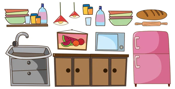 Conjunto Equipos Cocina Doodle Estilo Dibujos Animados Sobre Fondo Blanco — Vector de stock