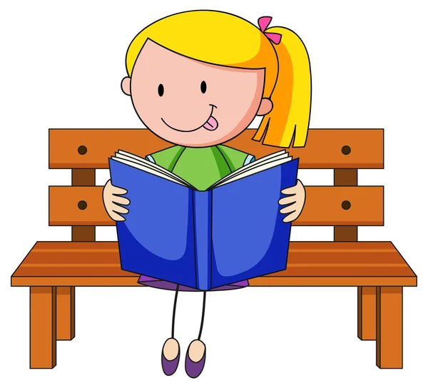 Mignon Fille Lecture Livre Doodle Dessin Animé Personnage Illustration — Image vectorielle