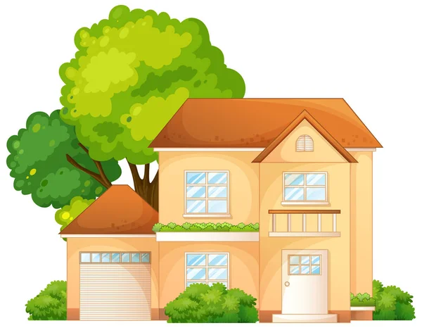 Framsidan Ett Hus Med Många Träd Isolerad Vit Bakgrund Illustration — Stock vektor