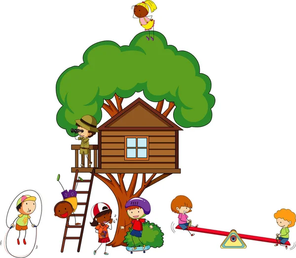 Maison Arbre Avec Nombreux Enfants Faisant Différentes Activités Illustration — Image vectorielle