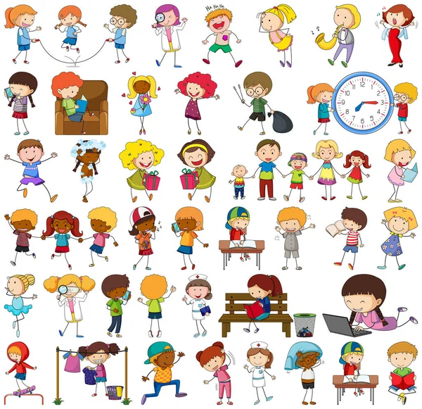 Conjunto Diferentes Doodle Crianças Desenho Animado Personagem Ilustração —  Vetores de Stock