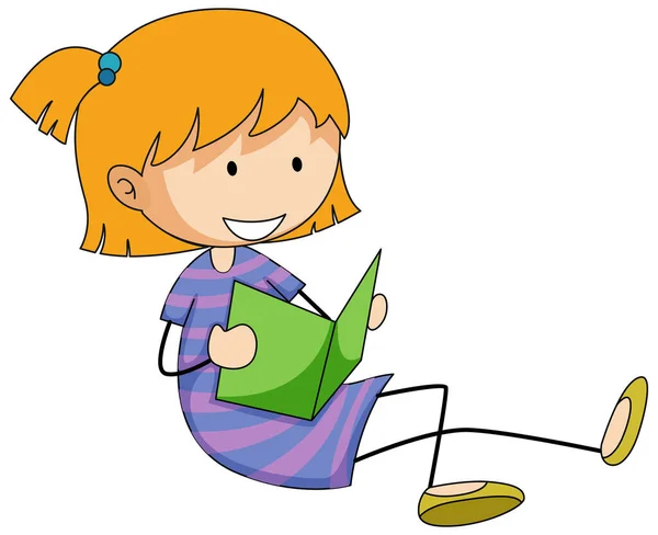 Menina Bonito Leitura Livro Doodle Desenho Animado Personagem Ilustração —  Vetores de Stock