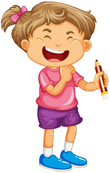Little Girl Cartoon Character Holding Pencil Illustration — Stock Vector