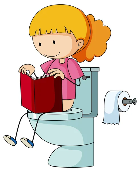 Uma Menina Lendo Livro Enquanto Sentado Banheiro Doodle Desenho Animado — Vetor de Stock