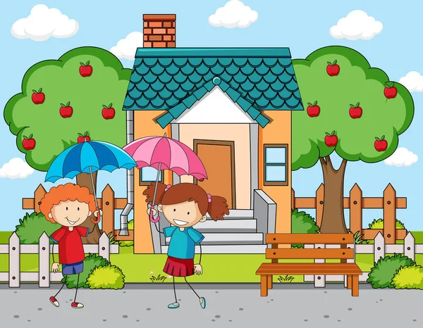 Front House Scene Two Kids Holding Umbrella Illustration — Stock Vector