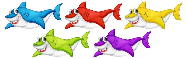白地イラストに孤立した多くの笑顔かわいいサメ漫画のキャラクターのセット — ストックベクタ