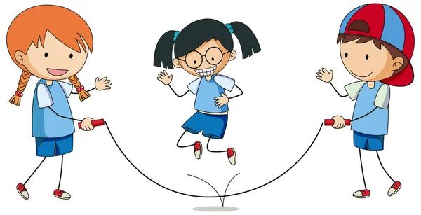 Niños Jugando Saltar Cuerda Doodle Personaje Dibujos Animados Ilustración Aislada — Vector de stock