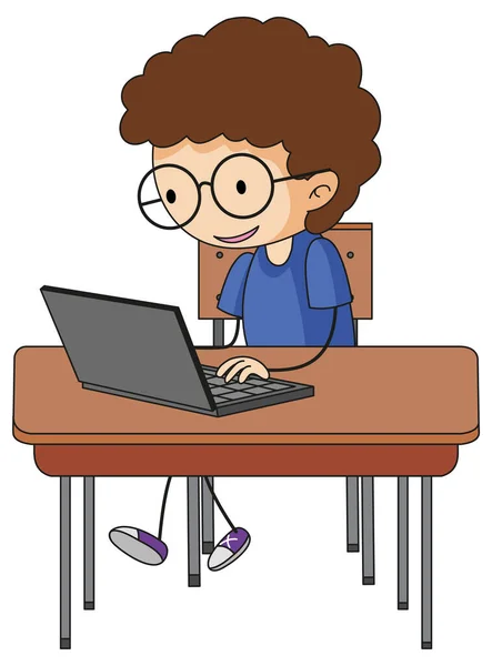 Ein Doodle Kind Mit Laptop Cartoon Figur Isolierte Illustration — Stockvektor