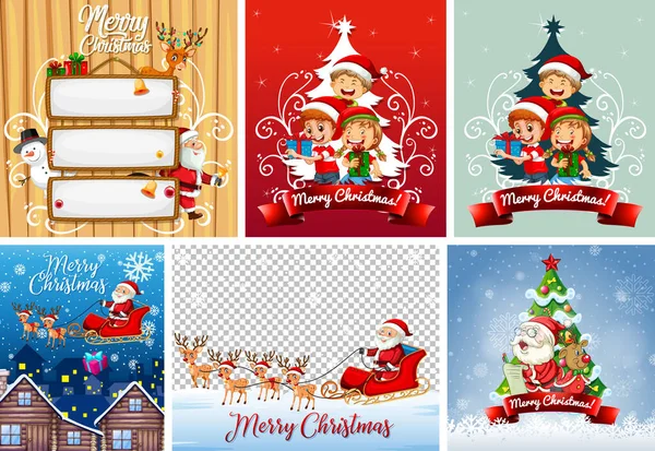 Conjunto Diferentes Postales Navidad Ilustración Póster — Vector de stock