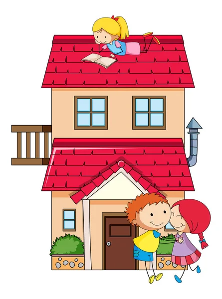 Many Kids Doing Different Activities House Illustration — Stock Vector