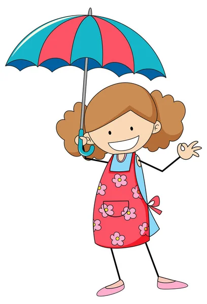 Menina Bonito Segurando Guarda Chuva Doodle Desenho Animado Personagem Ilustração — Vetor de Stock