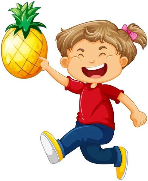 Happy Girl Cartoon Character Holding Pineapple Illustration — Stock Vector