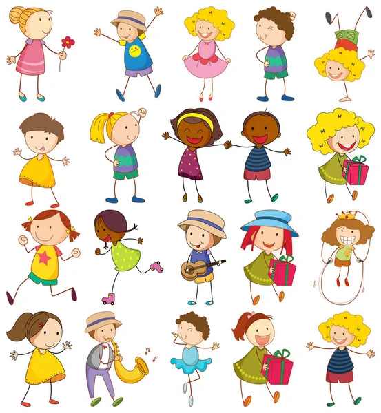 Set Diferentes Niños Estilo Doodle Ilustración — Vector de stock