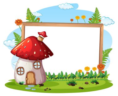 Fantezi mantar evi illüstrasyonlu boş pankart