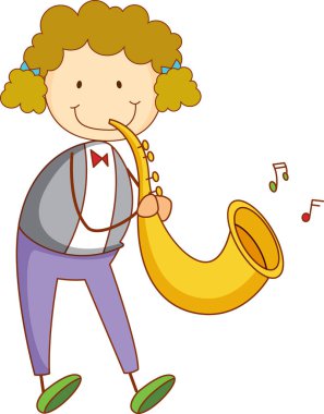 Saksafon karikatürü oynayan karikatürcü bir çocuk izole edilmiş bir illüstrasyon.