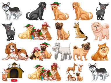 Çizgi film tarzındaki farklı komik köpekler beyaz arkaplan resimlerinde izole edilmiş.