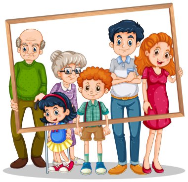 Fotoğraf çerçevesi çizimi ile izole edilmiş aile resmi