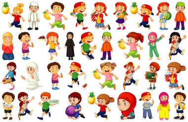Beyaz arkaplan illüstrasyonunda farklı aktiviteler yapan çocuklar çizgi film karakteri