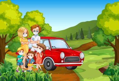 Coronavirus illüstrasyonunu önlemek için maske takan aile ile açık hava sahnesi