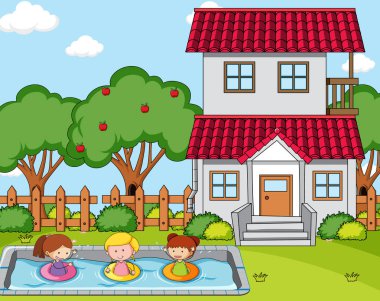 Havuz resimlerinde birçok çocuğun olduğu bir ev sahnesi.